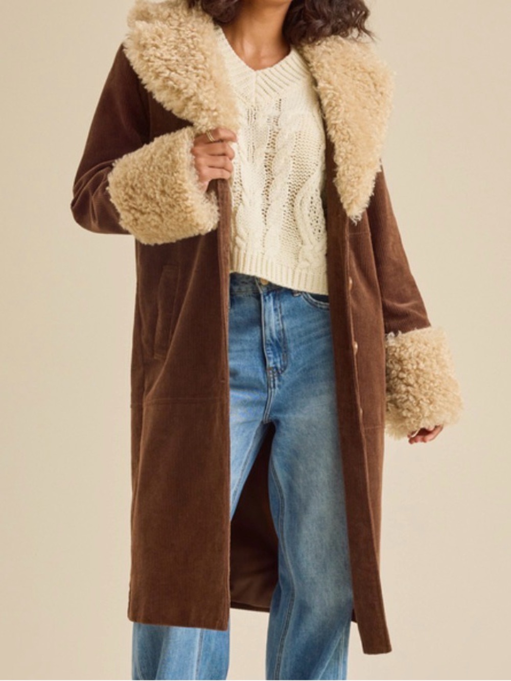 Altar'd State Brown Corduroy Shearling-Trim Trench Coat